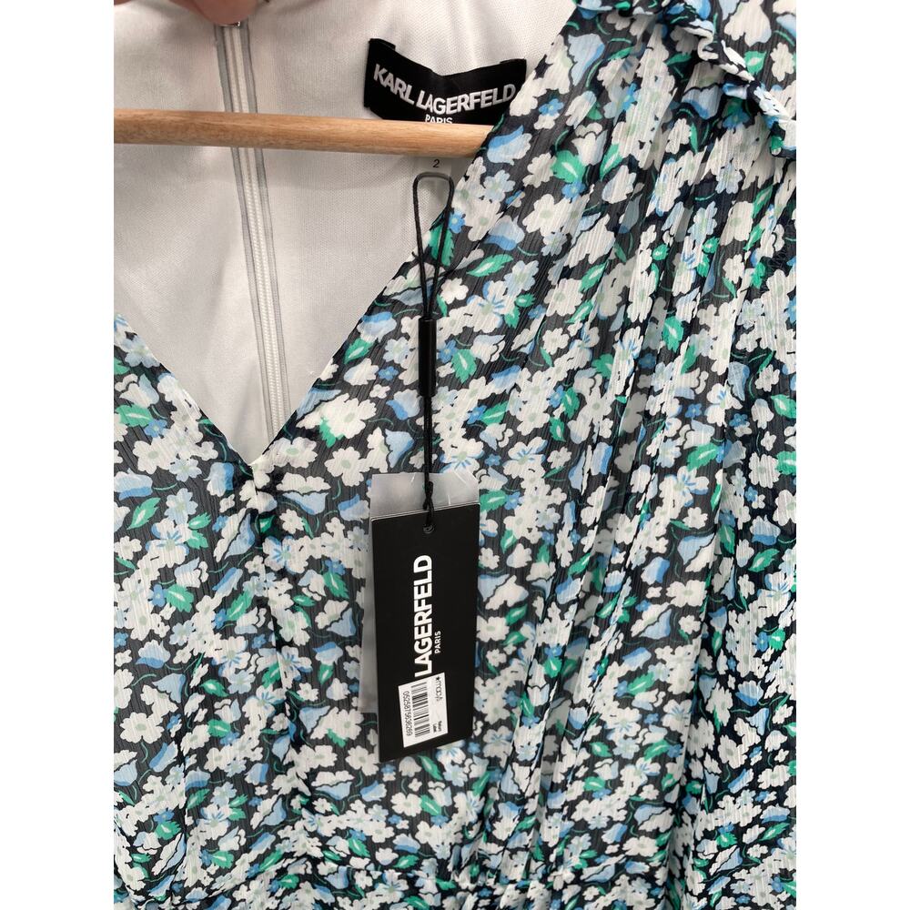 KARL LAGERFELD NWT Floral Long Sleeve V Neck Ruffle Hem Dress // 2 - Picture 5 of 12